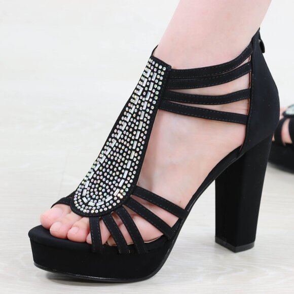 Black Rhinestone T-Strap Platform Sandals Women’s Block Heel Evening Party Shoes - Picture 3 of 16
